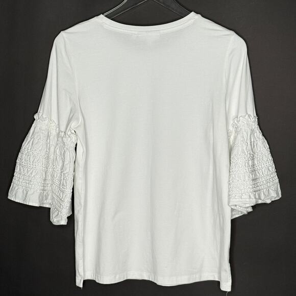 Chicos M Ruffle Bell Sleeve Top White Crewneck 3/4 Sleeve Cotton Blend Boxy - Picture 3 of 9